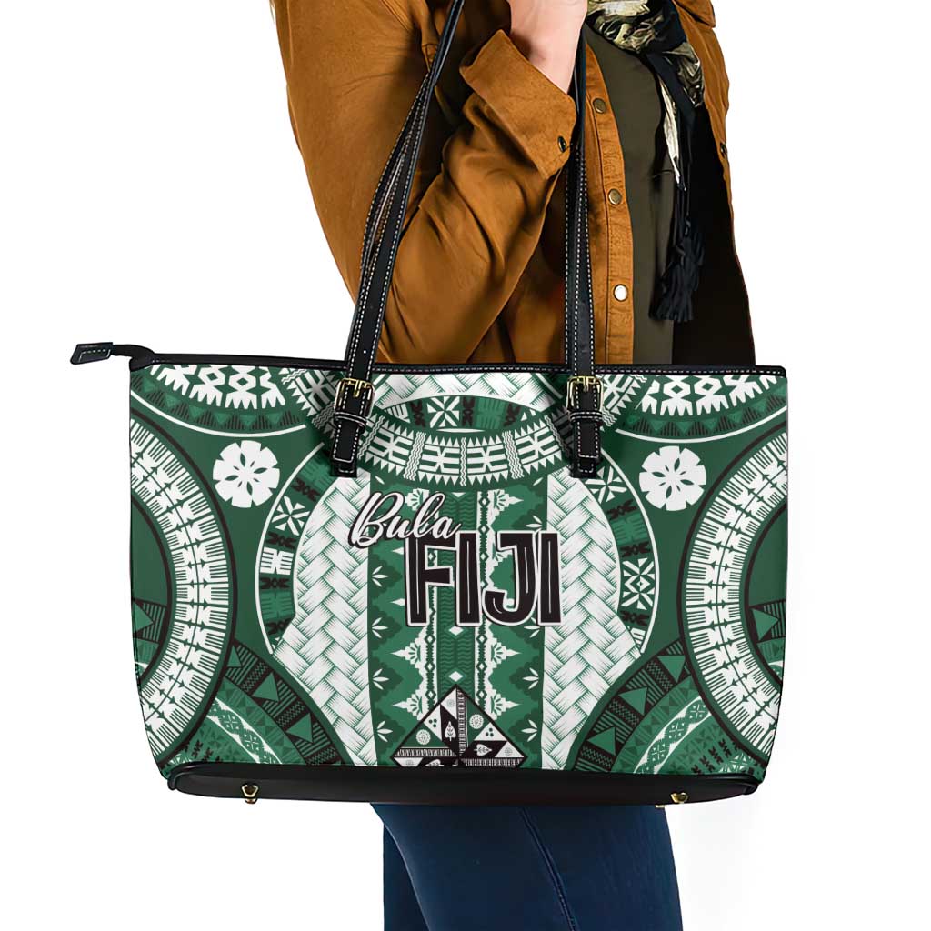 Bula Fiji Vintage Leather Tote Bag Phthalo Green Masi Motifs LT7 - Polynesian Pride