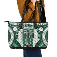 Bula Fiji Vintage Leather Tote Bag Phthalo Green Masi Motifs LT7 - Polynesian Pride