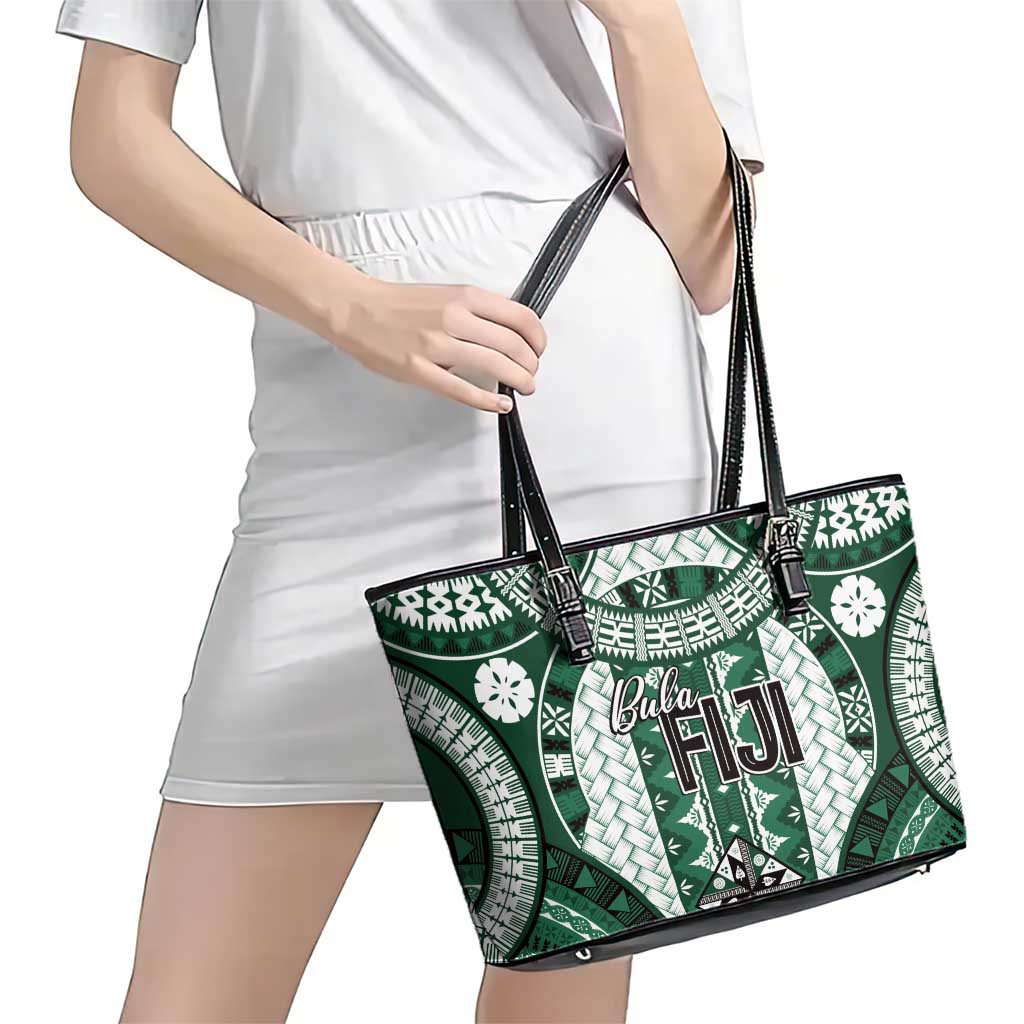 Bula Fiji Vintage Leather Tote Bag Phthalo Green Masi Motifs LT7 - Polynesian Pride