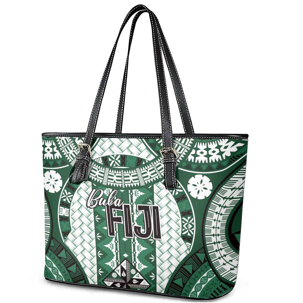 Bula Fiji Vintage Leather Tote Bag Phthalo Green Masi Motifs LT7 - Polynesian Pride