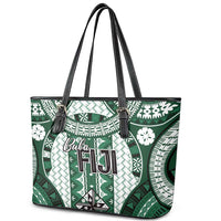 Bula Fiji Vintage Leather Tote Bag Phthalo Green Masi Motifs LT7 - Polynesian Pride