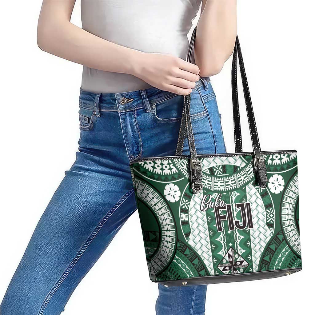 Bula Fiji Vintage Leather Tote Bag Phthalo Green Masi Motifs LT7 - Polynesian Pride