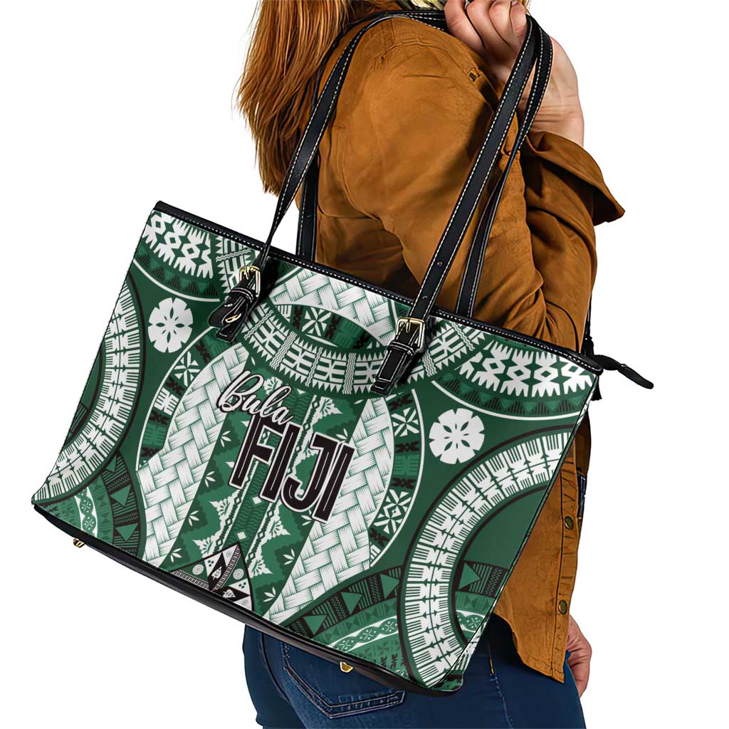 Bula Fiji Vintage Leather Tote Bag Phthalo Green Masi Motifs LT7 - Polynesian Pride