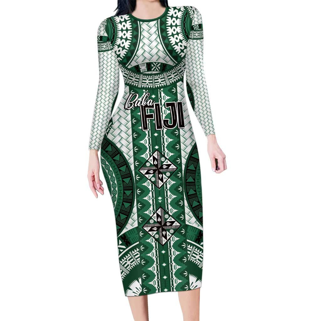 Bula Fiji Vintage Long Sleeve Bodycon Dress Phthalo Green Masi Motifs - Polynesian Pride Bula Fiji Vintage Long Sleeve Bodycon Dress Phthalo Green Masi Motifs - Polynesian Pride