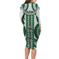 Bula Fiji Vintage Long Sleeve Bodycon Dress Phthalo Green Masi Motifs