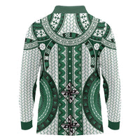 Bula Fiji Vintage Long Sleeve Polo Shirt Phthalo Green Masi Motifs