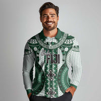 Bula Fiji Vintage Long Sleeve Polo Shirt Phthalo Green Masi Motifs