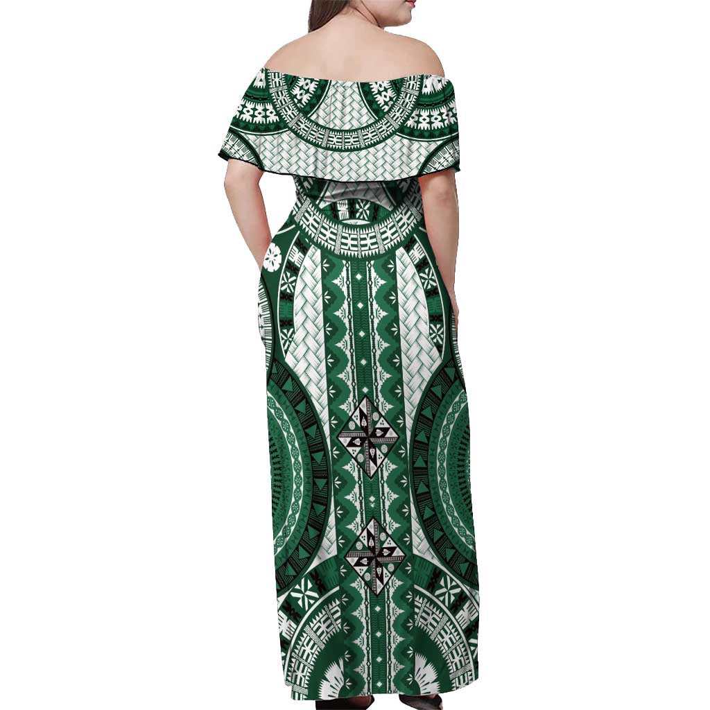 Bula Fiji Vintage Off Shoulder Maxi Dress Phthalo Green Masi Motifs Bula Fiji Vintage Off Shoulder Maxi Dress Phthalo Green Masi Motifs
