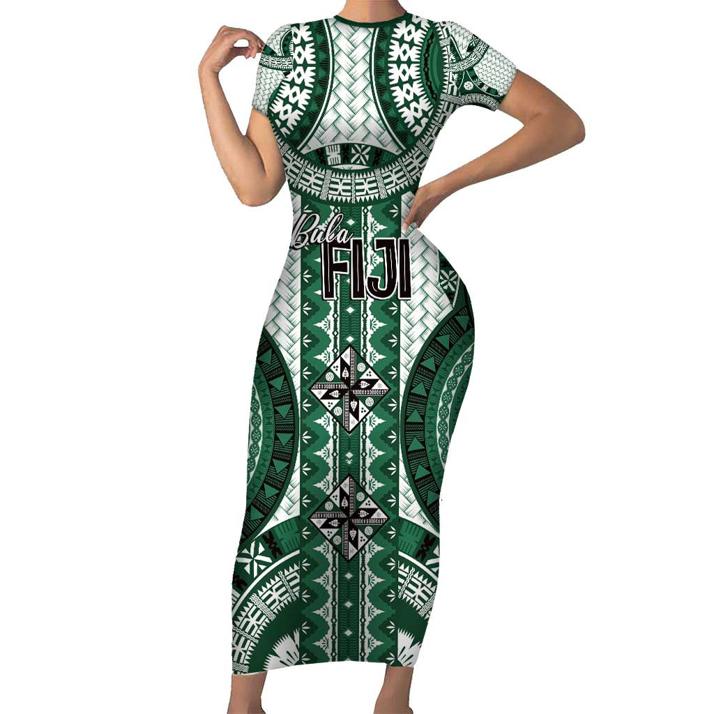 phthalo green dress Bula Fiji Vintage Short Sleeve Bodycon Dress Phthalo Green Masi Motifs