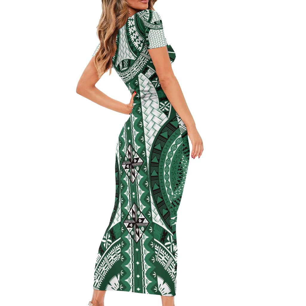 Bula Fiji Vintage Short Sleeve Bodycon Dress Phthalo Green Masi Motifs - Polynesian Pride Bula Fiji Vintage Short Sleeve Bodycon Dress Phthalo Green Masi Motifs - Polynesian Pride
