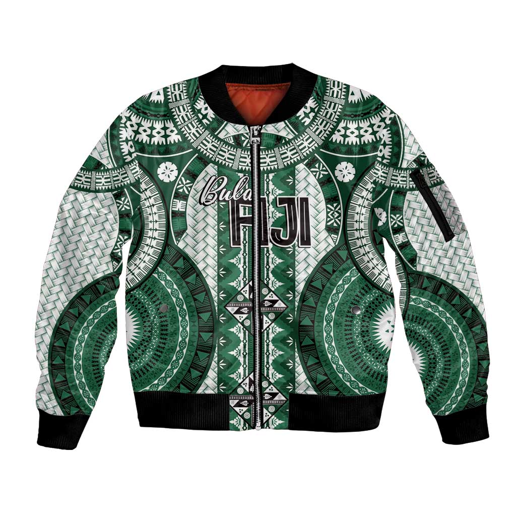 Bula Fiji Vintage Sleeve Zip Bomber Jacket Phthalo Green Masi Motifs LT7 Unisex Phthalo Green - Polynesian Pride