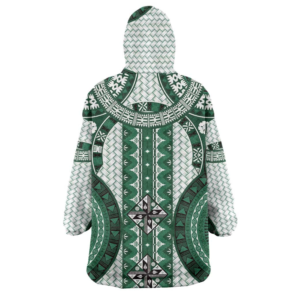 Bula Fiji Vintage Wearable Blanket Hoodie Phthalo Green Masi Motifs