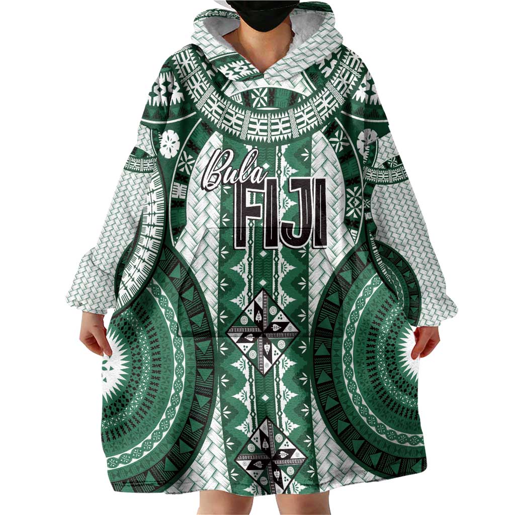 Bula Fiji Vintage Wearable Blanket Hoodie Phthalo Green Masi Motifs