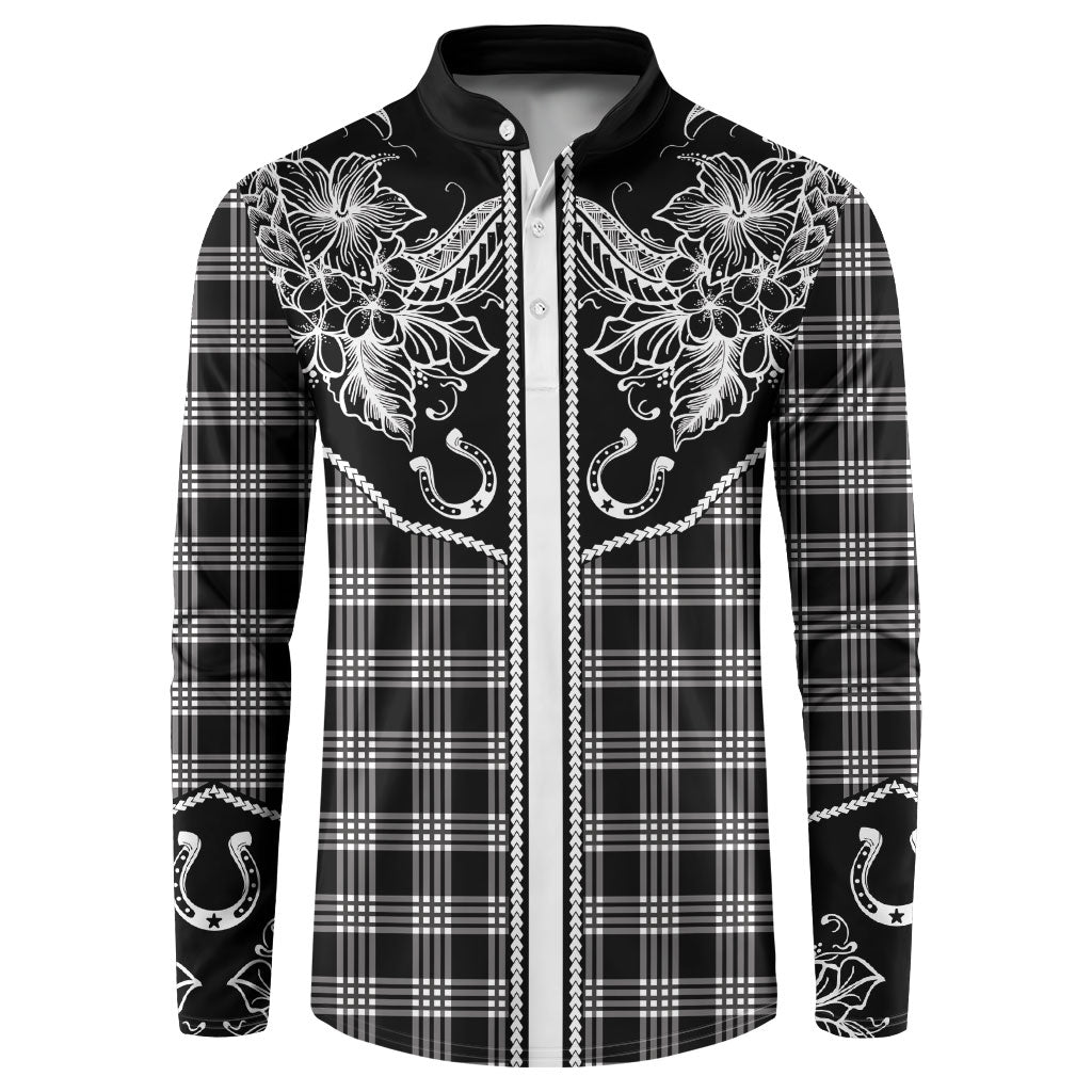 Hawai'i Paniolo Motif Black Button Sweatshirt Floral Palaka Print LT7 Black - Polynesian Pride