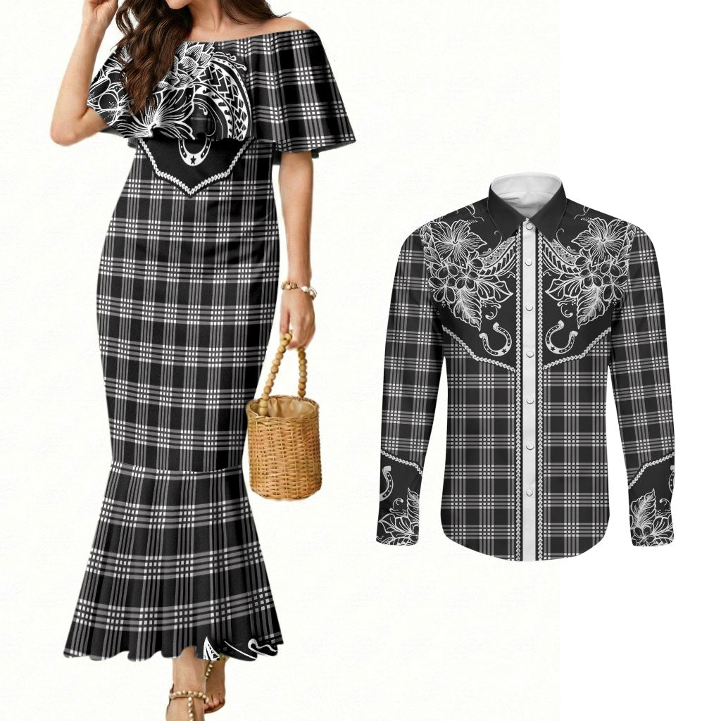 Hawai'i Paniolo Motif Black Couples Matching Mermaid Dress and Long Sleeve Button Shirt Floral Palaka Print LT7 Black - Polynesian Pride