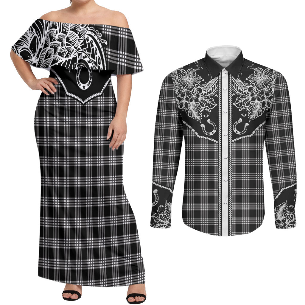 Hawai'i Paniolo Motif Black Couples Matching Off Shoulder Maxi Dress and Long Sleeve Button Shirt Floral Palaka Print LT7 Black - Polynesian Pride