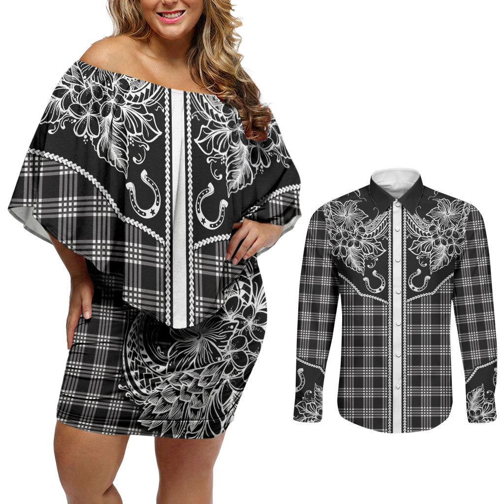 Hawai'i Paniolo Motif Black Couples Matching Off Shoulder Short Dress and Long Sleeve Button Shirt Floral Palaka Print LT7 Black - Polynesian Pride