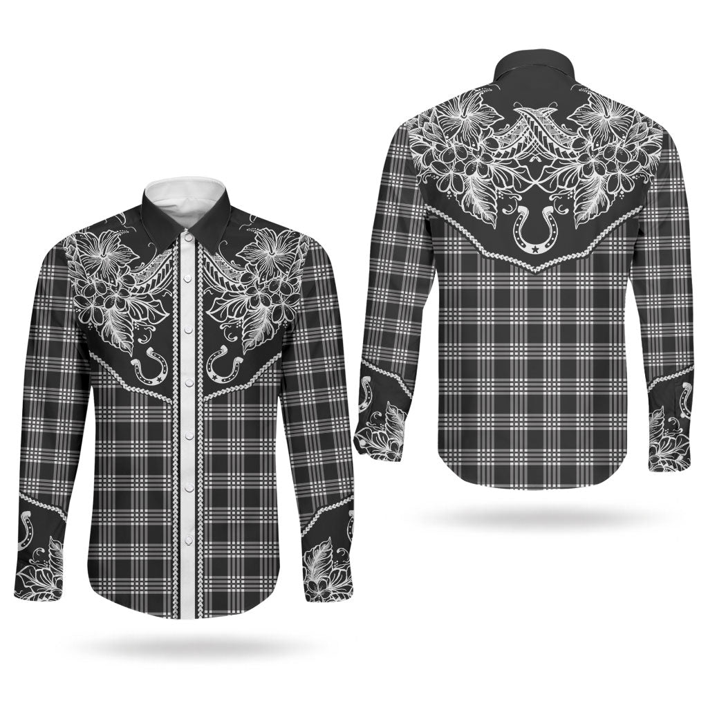 Hawai'i Paniolo Motif Black Couples Matching Off Shoulder Short Dress and Long Sleeve Button Shirt Floral Palaka Print LT7 - Polynesian Pride