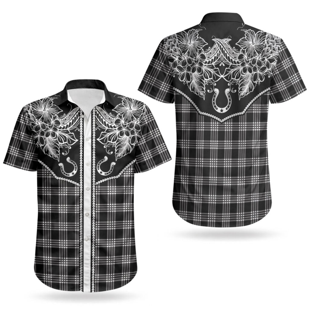 Hawai'i Paniolo Motif Black Couples Matching Off The Shoulder Long Sleeve Dress and Hawaiian Shirt Floral Palaka Print LT7 - Polynesian Pride