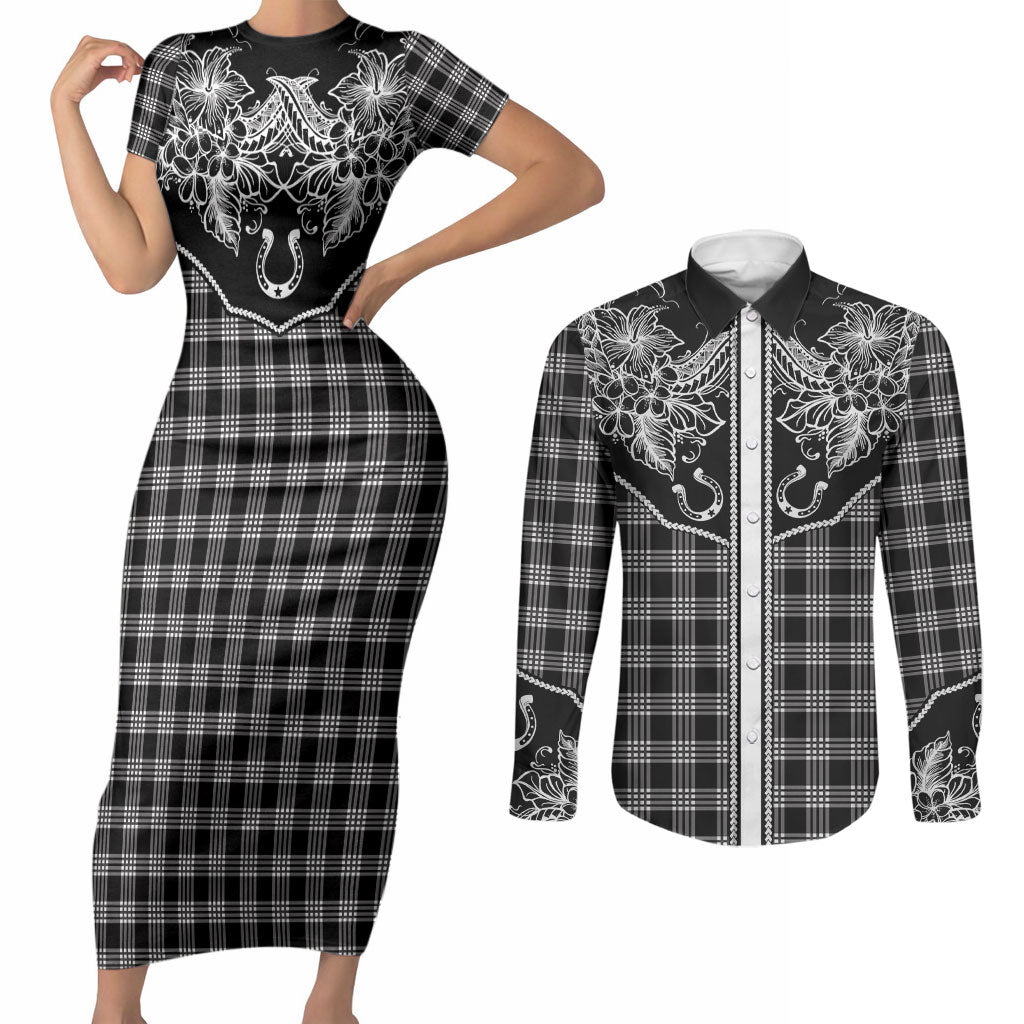 Hawai'i Paniolo Motif Black Couples Matching Short Sleeve Bodycon Dress and Long Sleeve Button Shirt Floral Palaka Print LT7 Black - Polynesian Pride