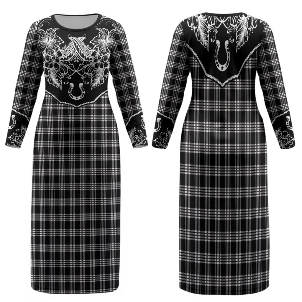 Hawai'i Paniolo Motif Black Family Matching Long Sleeve Bodycon Dress and Hawaiian Shirt Floral Palaka Print LT7 Mom's Dress Black - Polynesian Pride