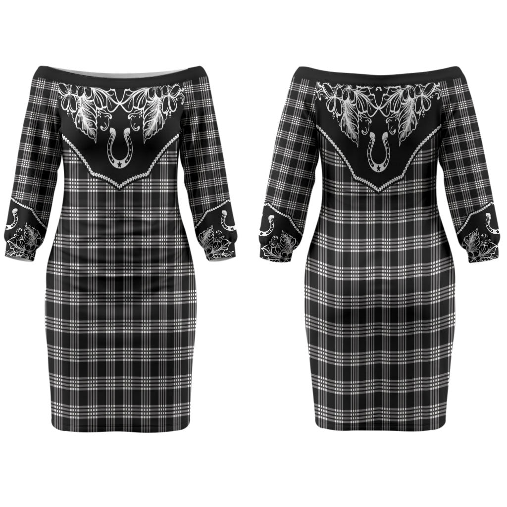 Hawai'i Paniolo Motif Black Family Matching Off The Shoulder Long Sleeve Dress and Hawaiian Shirt Floral Palaka Print LT7 Mom's Dress Black - Polynesian Pride