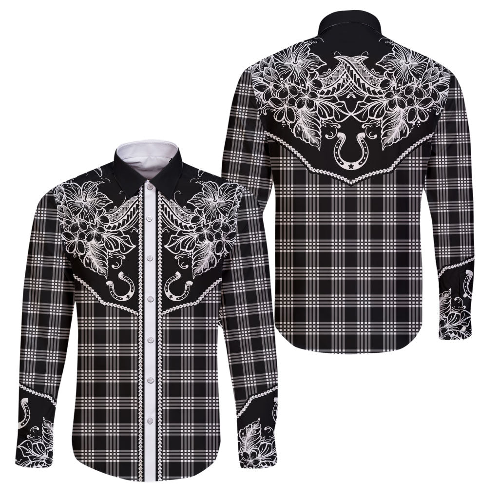 Hawai'i Paniolo Motif Black Family Matching Off Shoulder Maxi Dress and Hawaiian Shirt Floral Palaka Print LT7 Dad's Shirt - Long Sleeve Black - Polynesian Pride