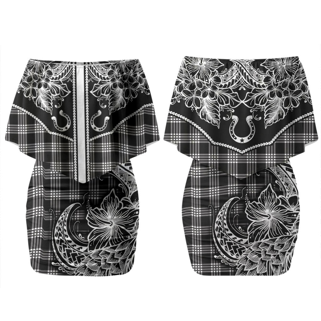 Hawai'i Paniolo Motif Black Family Matching Off Shoulder Short Dress and Hawaiian Shirt Floral Palaka Print LT7 Mom's Dress Black - Polynesian Pride