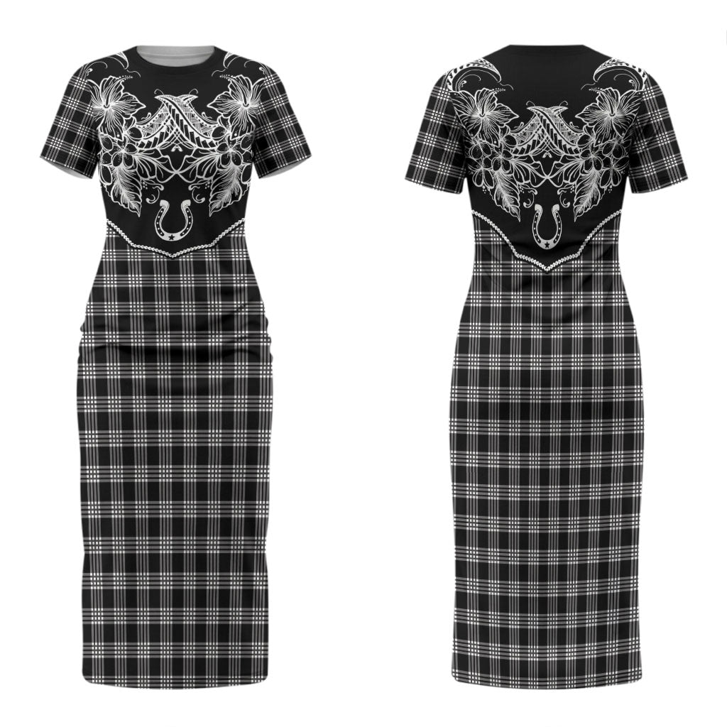 Hawai'i Paniolo Motif Black Family Matching Short Sleeve Bodycon Dress and Hawaiian Shirt Floral Palaka Print LT7 Mom's Dress Black - Polynesian Pride