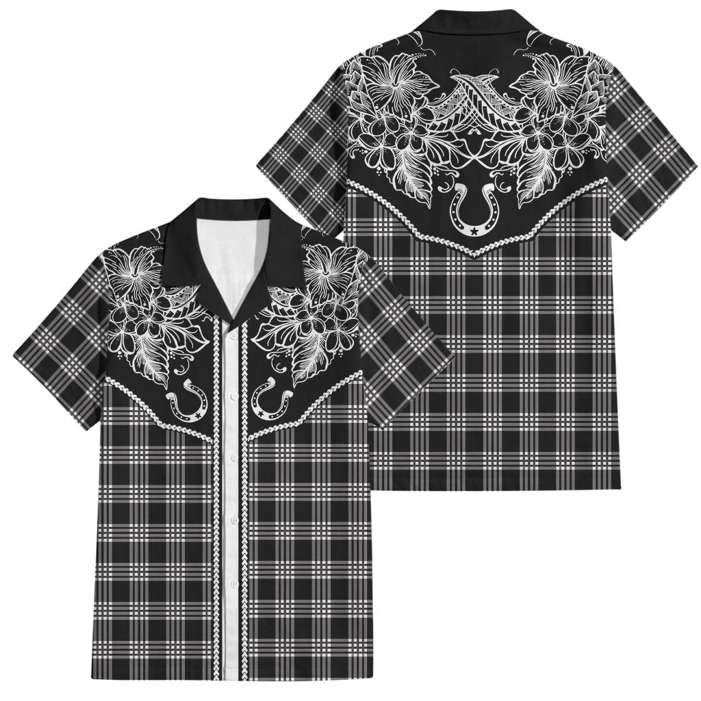 Hawai'i Paniolo Motif Black Family Matching Tank Maxi Dress and Hawaiian Shirt Floral Palaka Print LT7 Dad's Shirt - Short Sleeve Black - Polynesian Pride