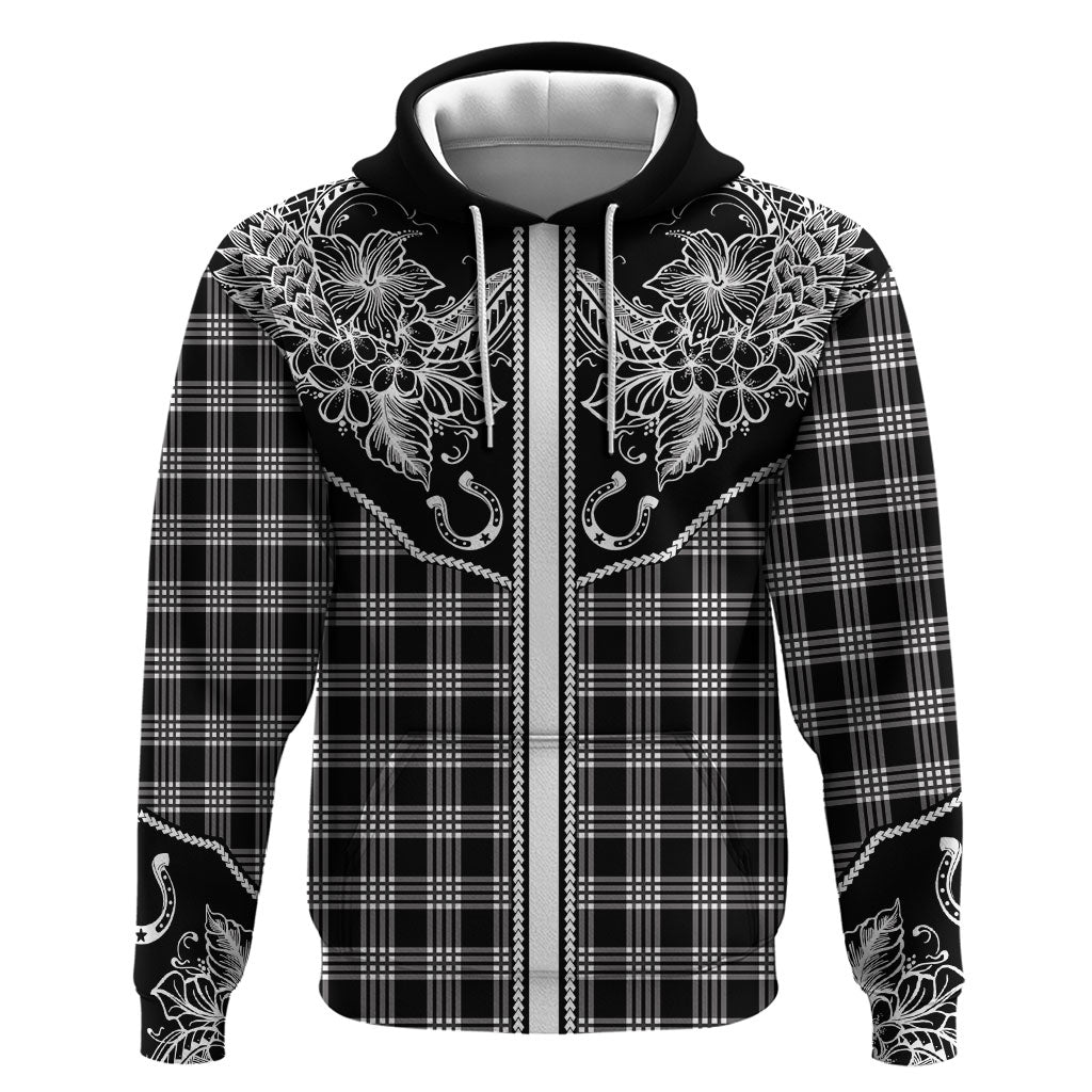 Hawai'i Paniolo Motif Black Hoodie Floral Palaka Print LT7 Pullover Hoodie Black - Polynesian Pride