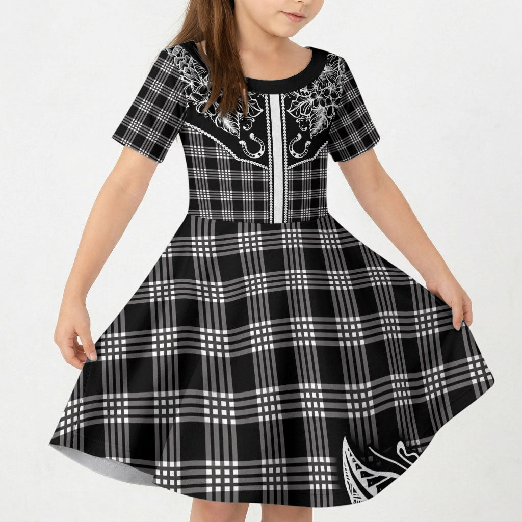 Hawai'i Paniolo Motif Black Kid Short Sleeve Dress Floral Palaka Print LT7 KID Black - Polynesian Pride
