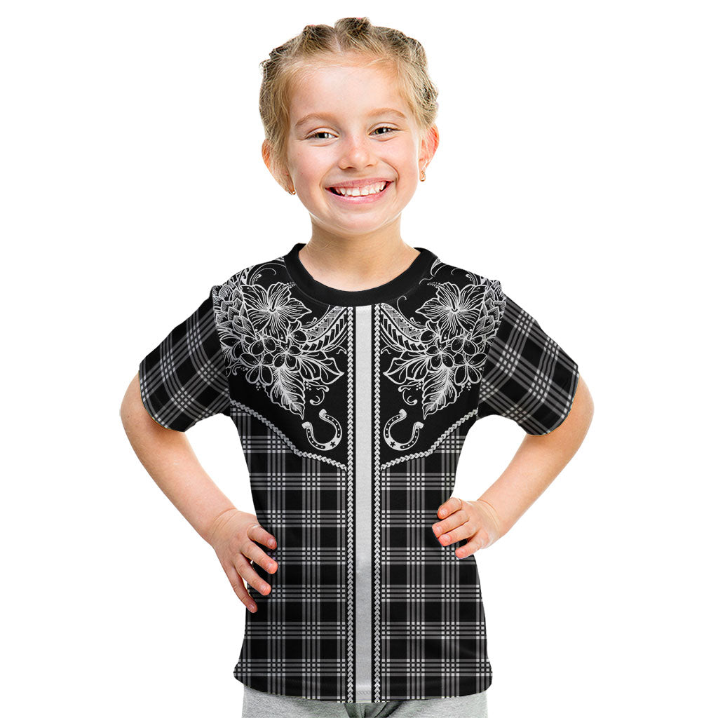 Hawai'i Paniolo Motif Black Kid T Shirt Floral Palaka Print LT7 Black - Polynesian Pride