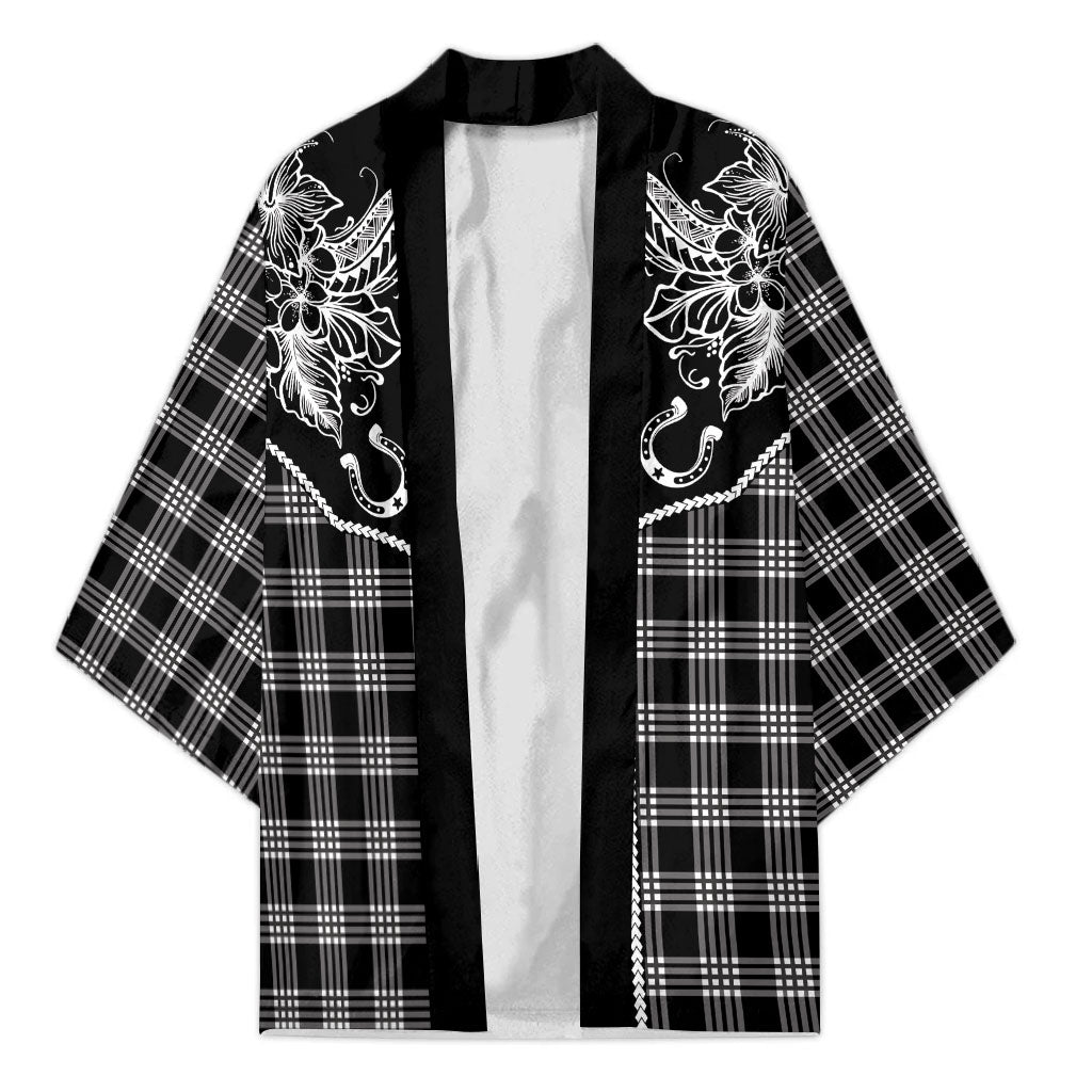 Hawai'i Paniolo Motif Black Kimono Floral Palaka Print LT7 Unisex Black - Polynesian Pride