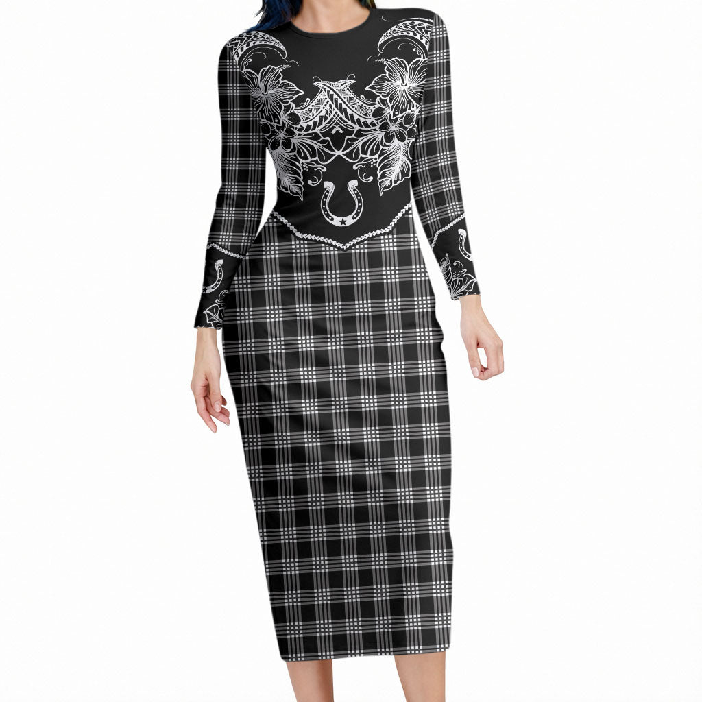 Hawai'i Paniolo Motif Black Long Sleeve Bodycon Dress Floral Palaka Print