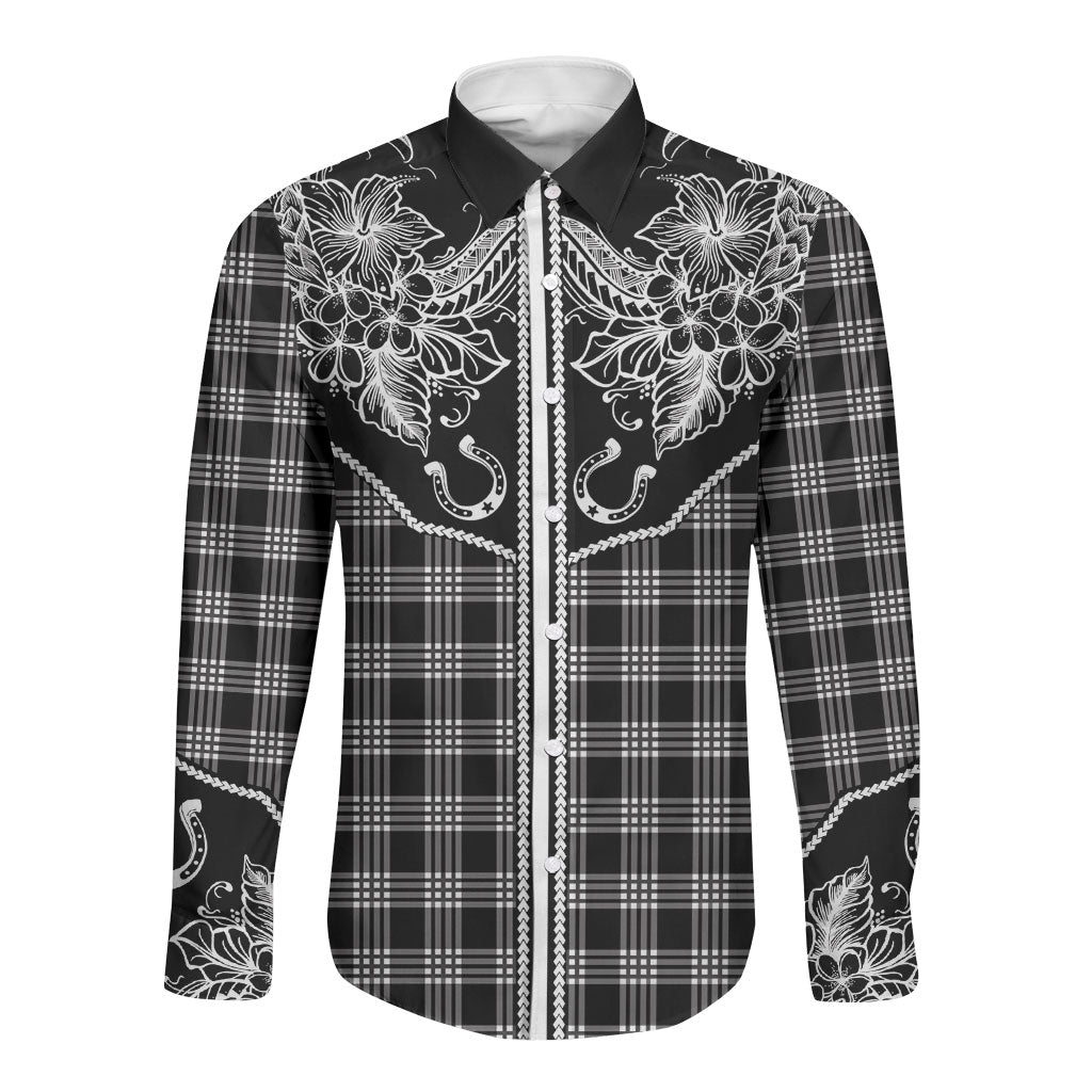 Hawai'i Paniolo Motif Black Long Sleeve Button Shirt Floral Palaka Print LT7 Unisex Black - Polynesian Pride