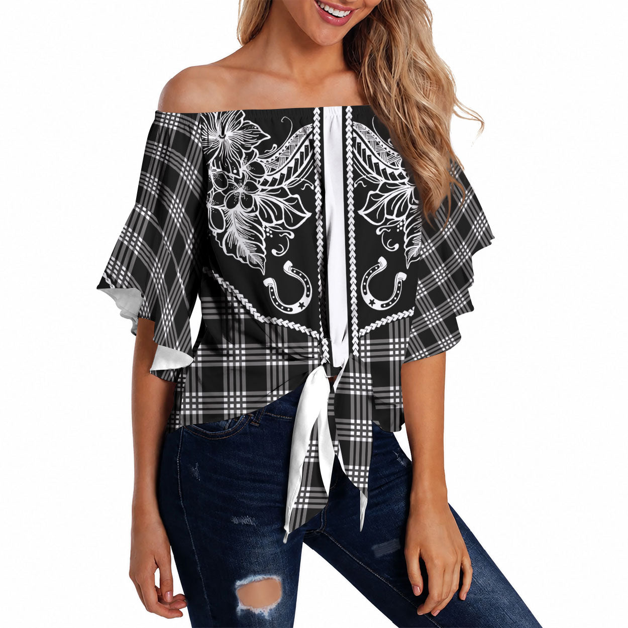 Hawai'i Paniolo Motif Black Off Shoulder Wrap Waist Top Floral Palaka Print LT7 Black - Polynesian Pride