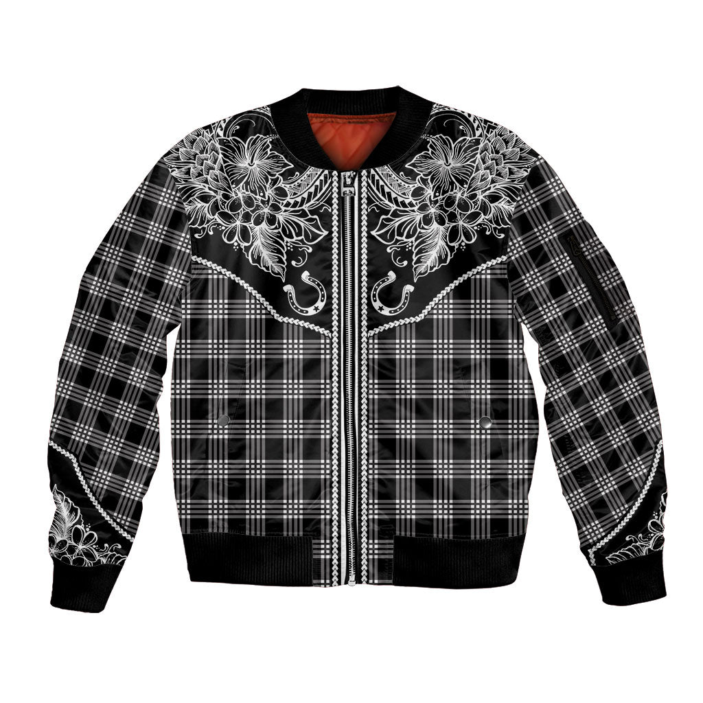 Hawai'i Paniolo Motif Black Sleeve Zip Bomber Jacket Floral Palaka Print LT7 Unisex Black - Polynesian Pride