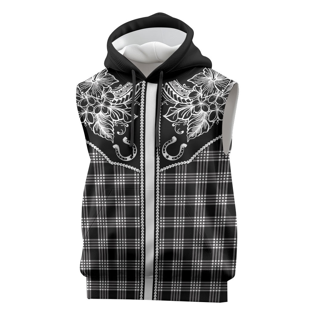 Hawai'i Paniolo Motif Black Sleeveless Hoodie Floral Palaka Print LT7 Black - Polynesian Pride