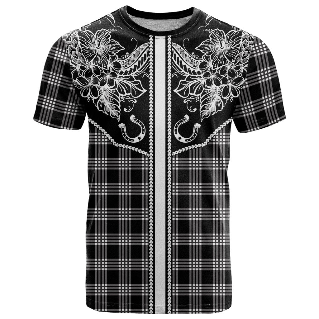 Hawai'i Paniolo Motif Black T Shirt Floral Palaka Print LT7 Black - Polynesian Pride