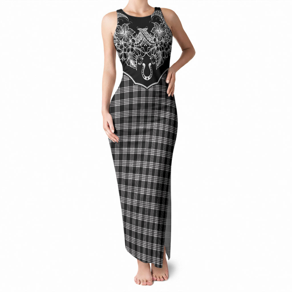 Hawai'i Paniolo Motif Black Tank Maxi Dress Floral Palaka Print