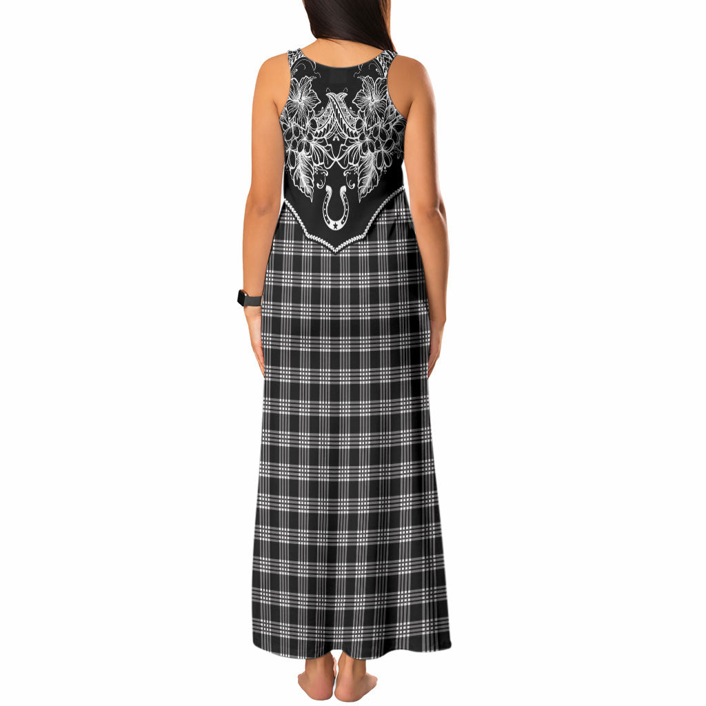 Hawai'i Paniolo Motif Black Tank Maxi Dress Floral Palaka Print