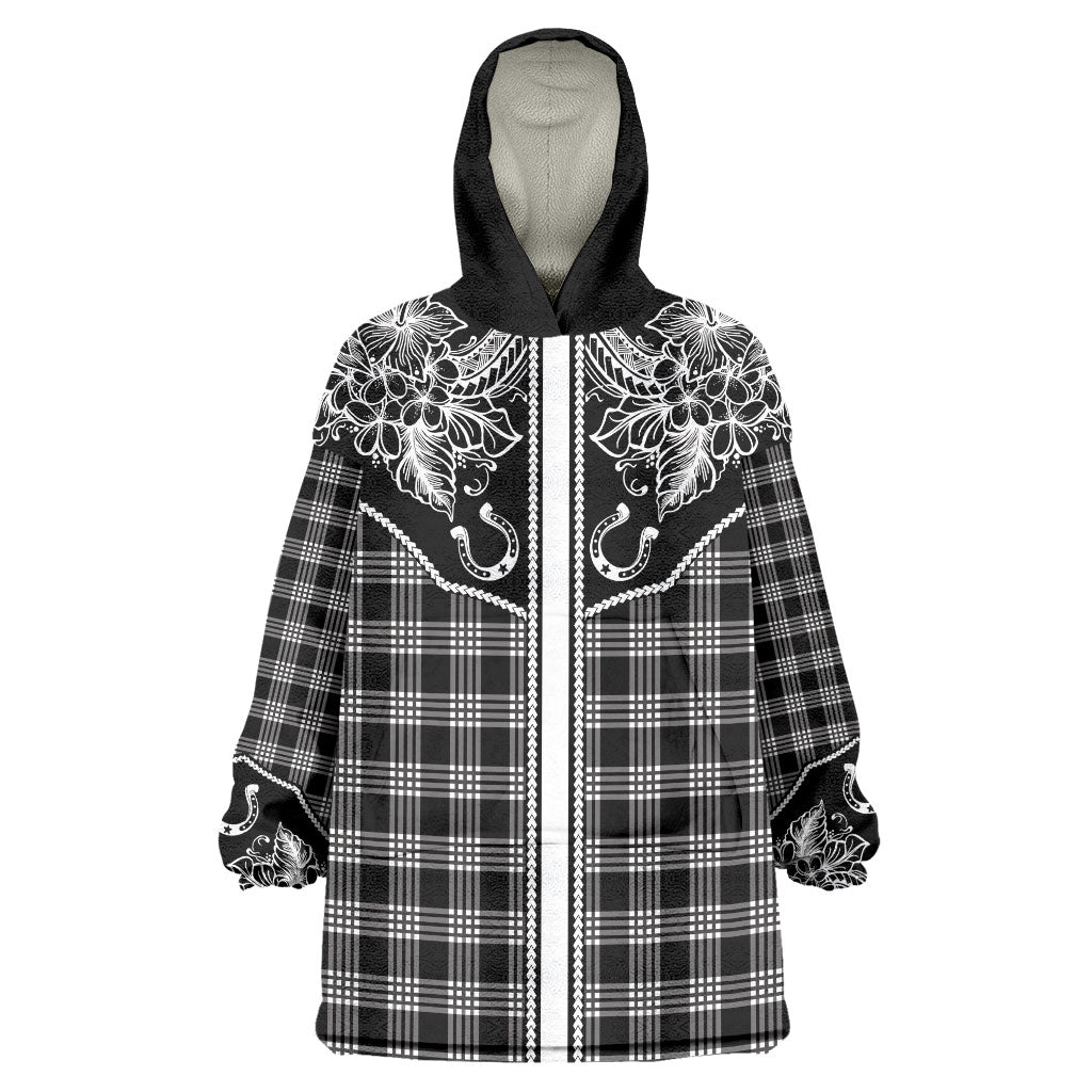 Hawai'i Paniolo Motif Black Wearable Blanket Hoodie Floral Palaka Print