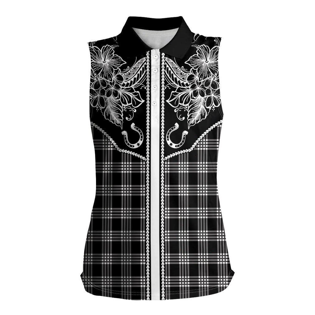 Hawai'i Paniolo Motif Black Women Sleeveless Polo Shirt Floral Palaka Print LT7 Female Black - Polynesian Pride
