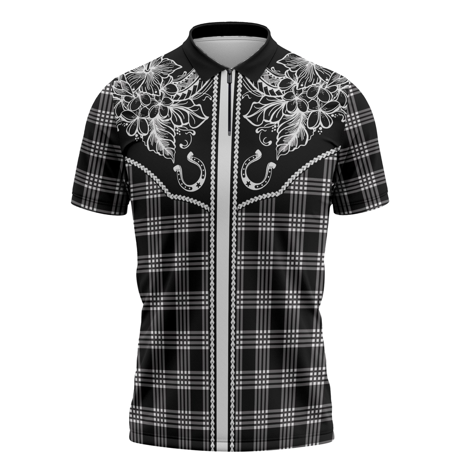 Hawai'i Paniolo Motif Black Zipper Polo Shirt Floral Palaka Print LT7 Black - Polynesian Pride
