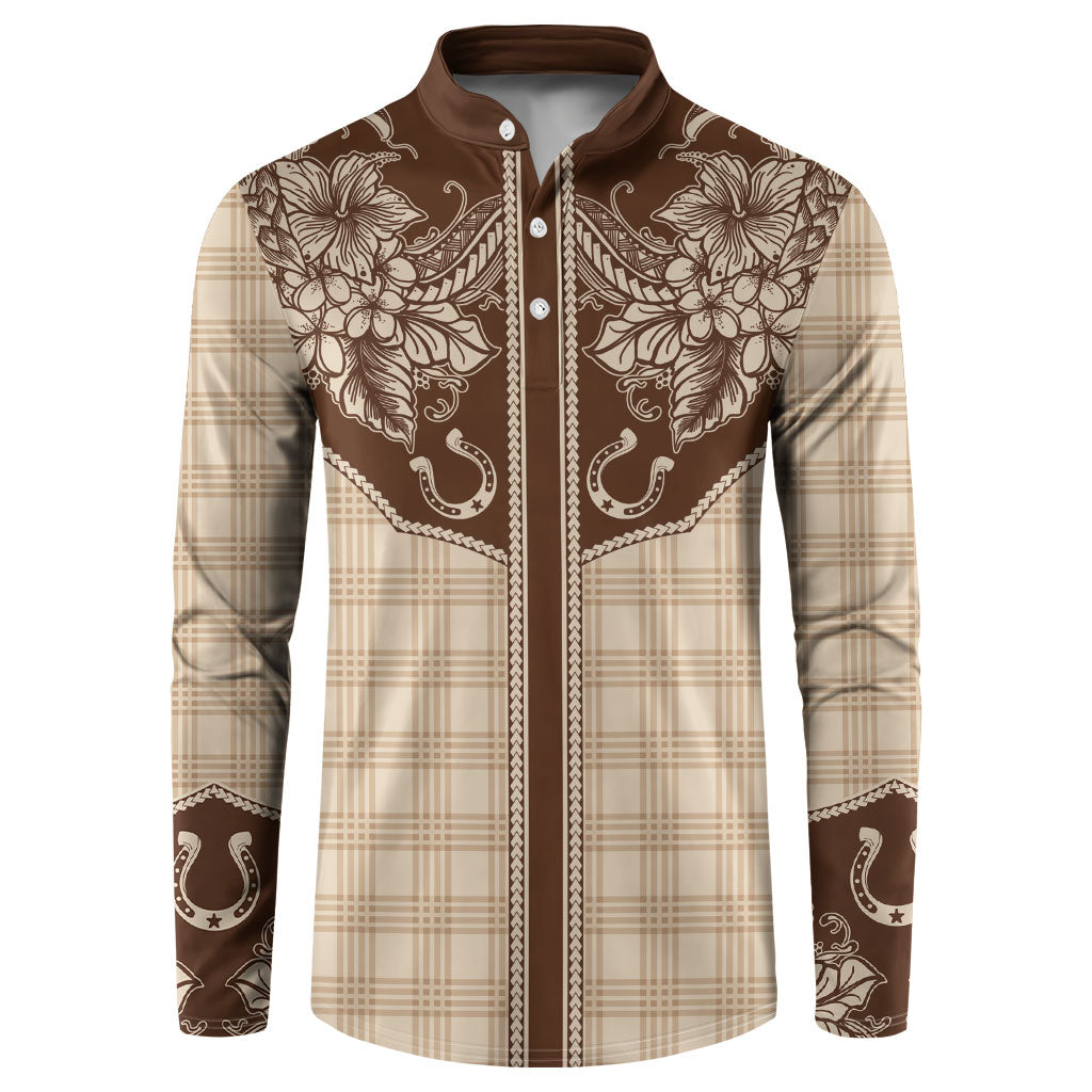 Hawai'i Paniolo Motif Leather Brown Button Sweatshirt Floral Palaka Print LT7 Brown - Polynesian Pride