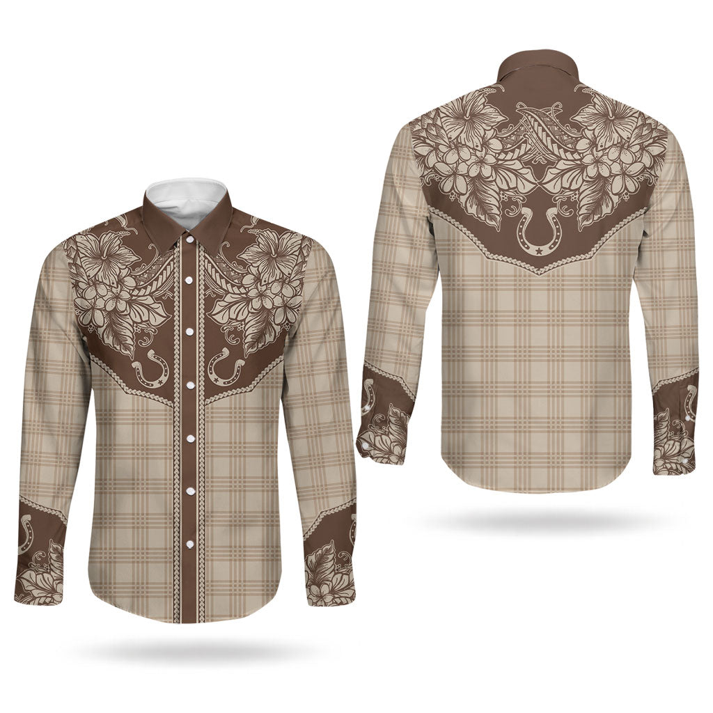 Hawai'i Paniolo Motif Leather Brown Couples Matching Long Sleeve Bodycon Dress and Long Sleeve Button Shirt Floral Palaka Print LT7 - Polynesian Pride