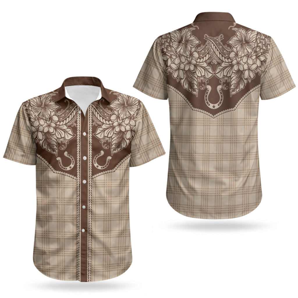 Hawai'i Paniolo Motif Leather Brown Couples Matching Off The Shoulder Long Sleeve Dress and Hawaiian Shirt Floral Palaka Print LT7 - Polynesian Pride