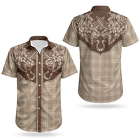 Hawai'i Paniolo Motif Leather Brown Couples Matching Off The Shoulder Long Sleeve Dress and Hawaiian Shirt Floral Palaka Print LT7 - Polynesian Pride
