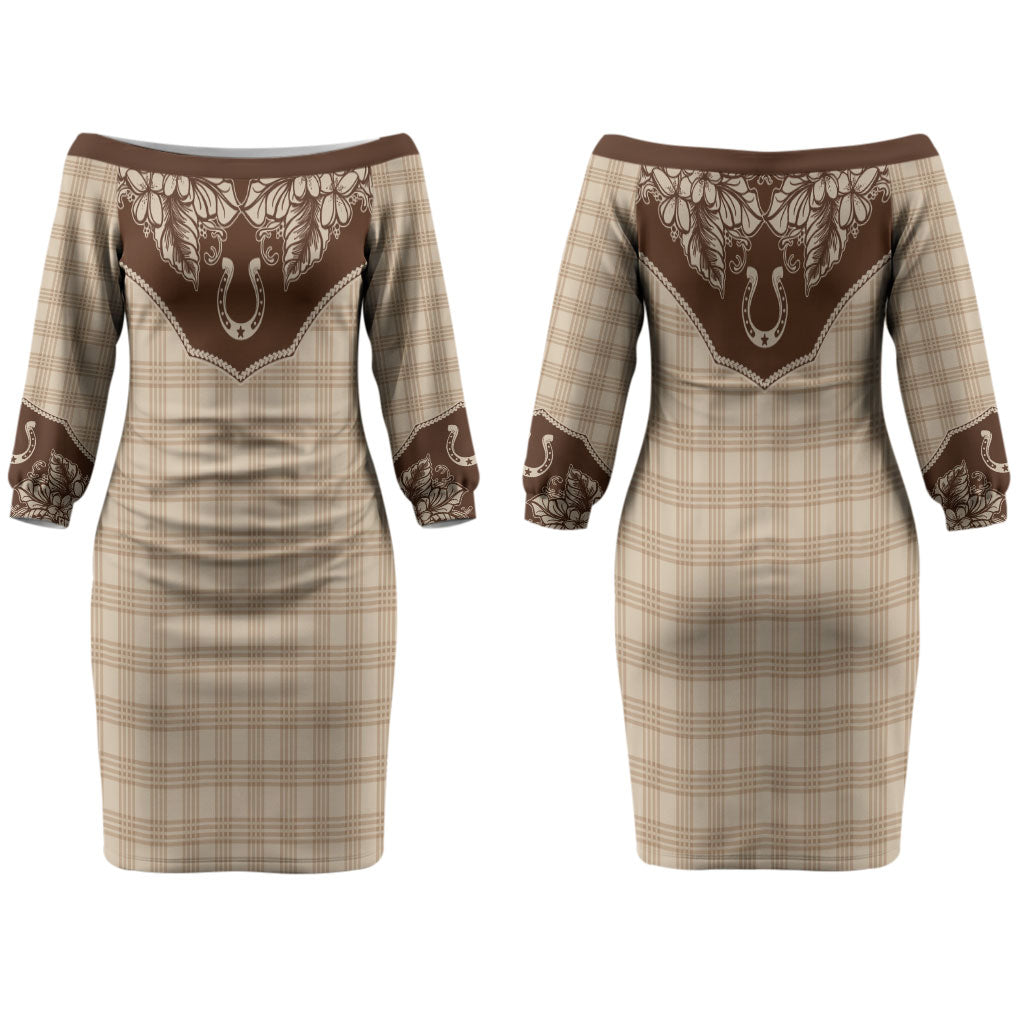 Hawai'i Paniolo Motif Leather Brown Couples Matching Off The Shoulder Long Sleeve Dress and Hawaiian Shirt Floral Palaka Print LT7 - Polynesian Pride